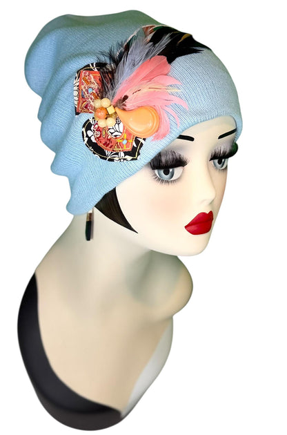 Statement Tribal Patchwork Flapper - Designer Jeweled and Feathered Embellished Knit Hat