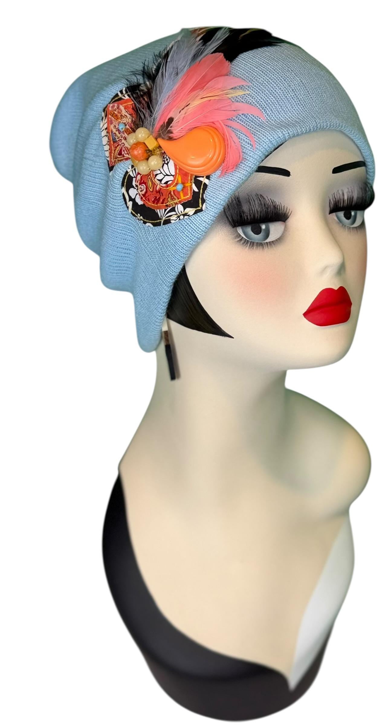 Statement Tribal Patchwork Flapper - Designer Jeweled and Feathered Embellished Knit Hat