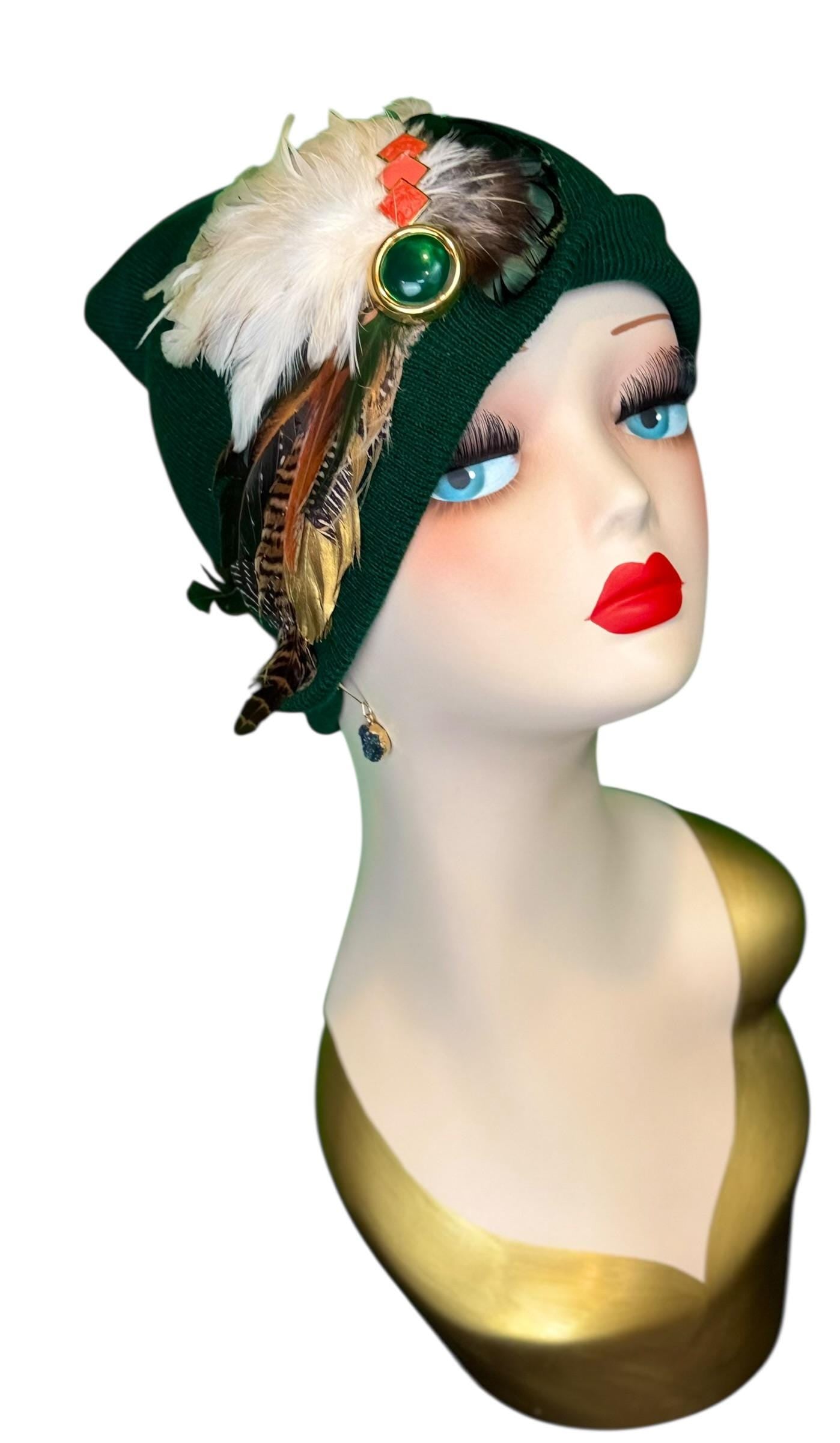 Embellished Vintage Jeweled Fancy Feather Knit Hat, Unique Fashionable Flapper Beanie