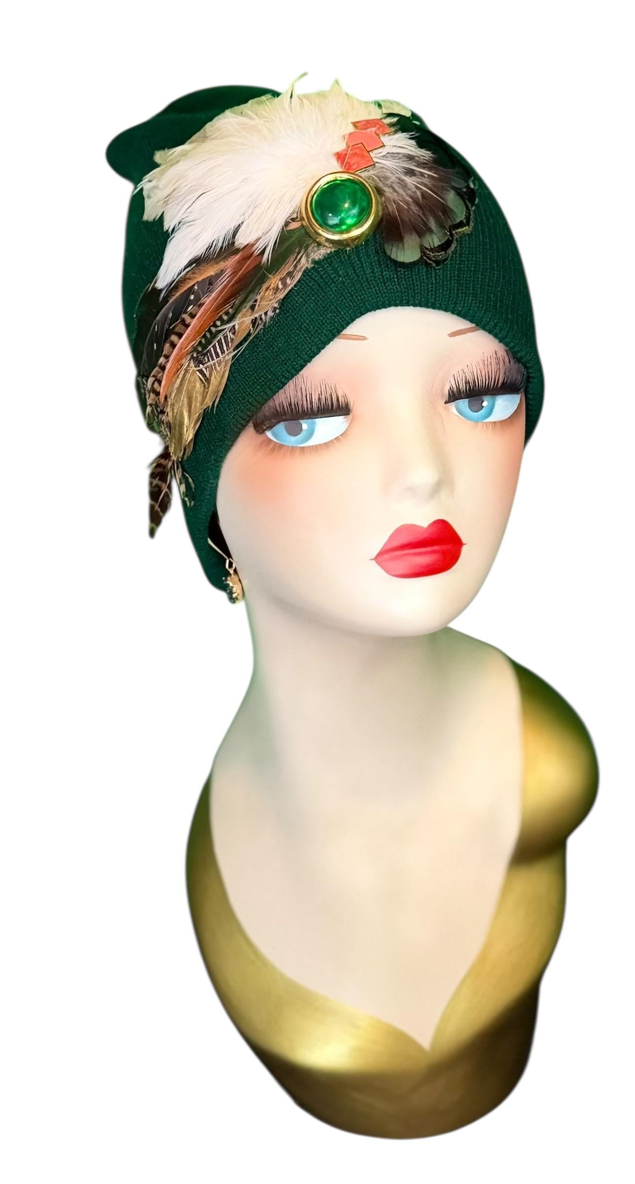Embellished Vintage Jeweled Fancy Feather Knit Hat, Unique Fashionable Flapper Beanie