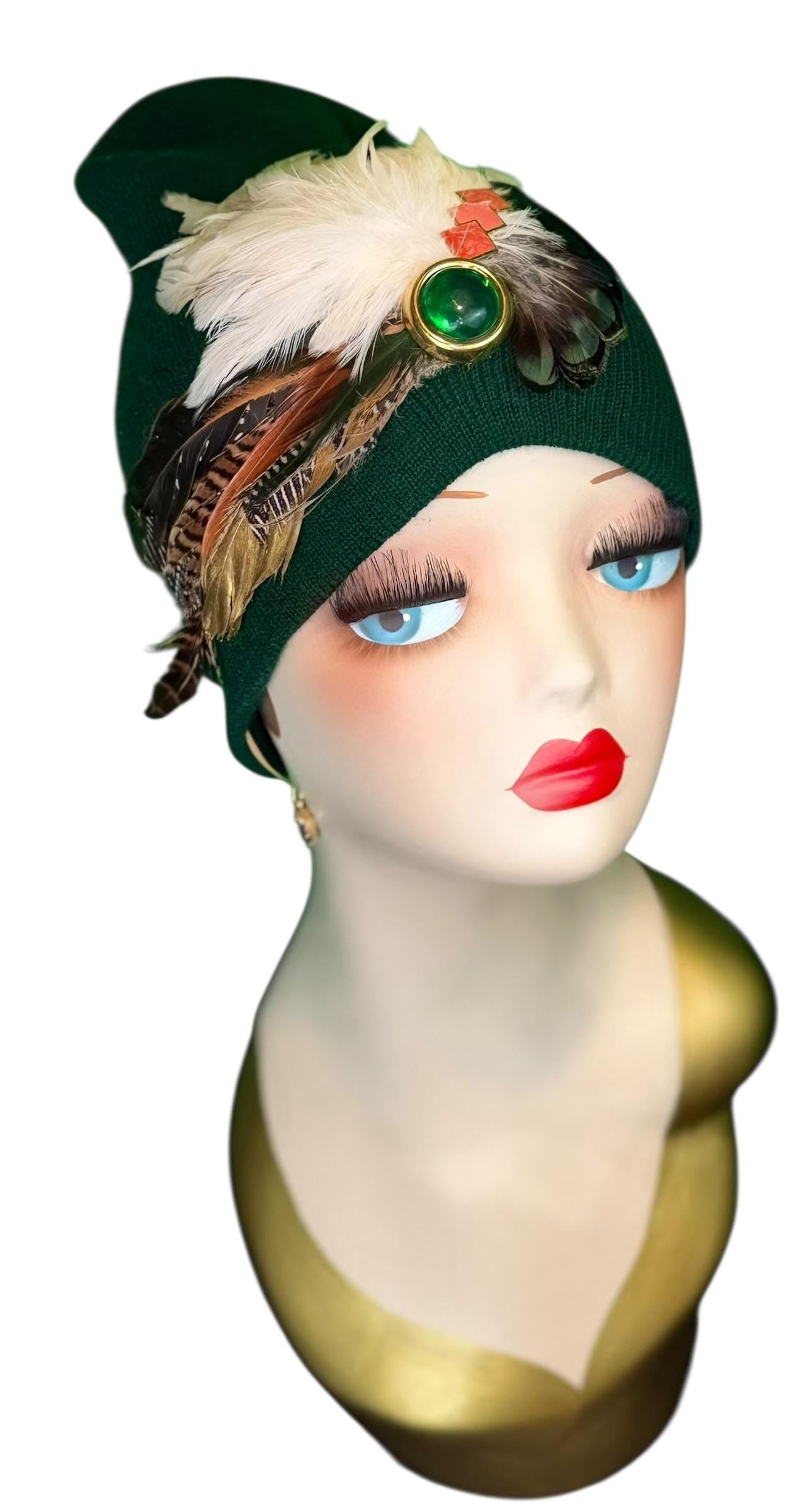 Embellished Vintage Jeweled Fancy Feather Knit Hat, Unique Fashionable Flapper Beanie