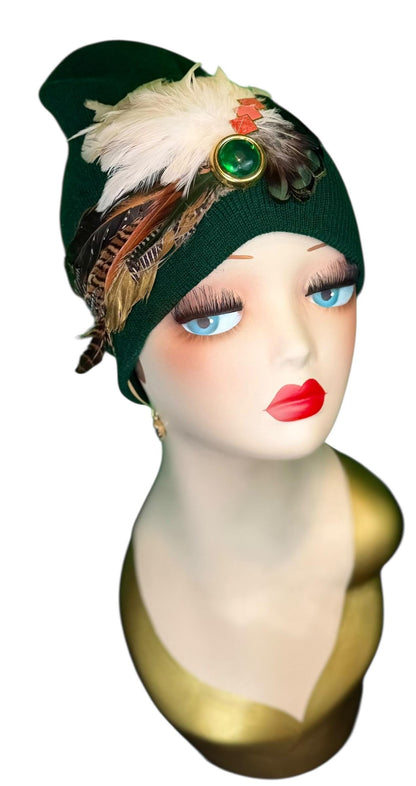 Embellished Vintage Jeweled Fancy Feather Knit Hat, Unique Fashionable Flapper Beanie