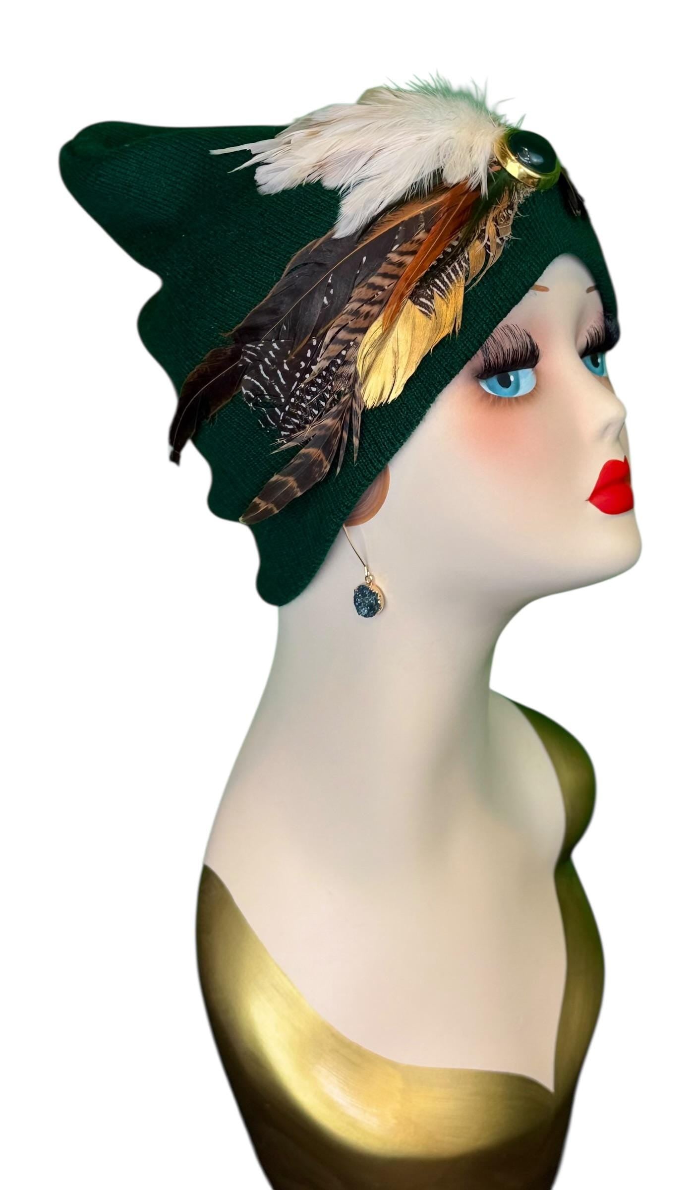 Embellished Vintage Jeweled Fancy Feather Knit Hat, Unique Fashionable Flapper Beanie