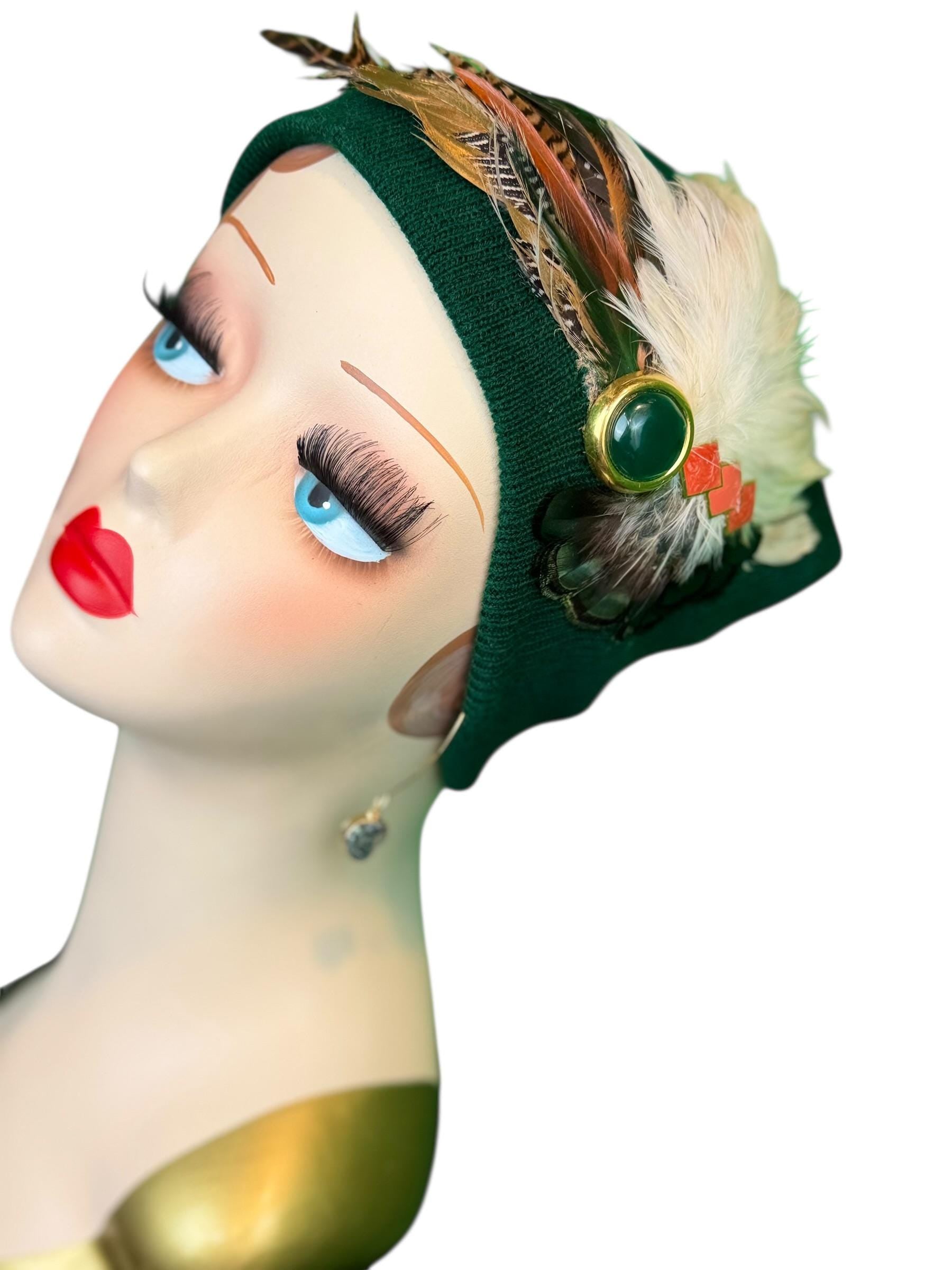 Embellished Vintage Jeweled Fancy Feather Knit Hat, Unique Fashionable Flapper Beanie
