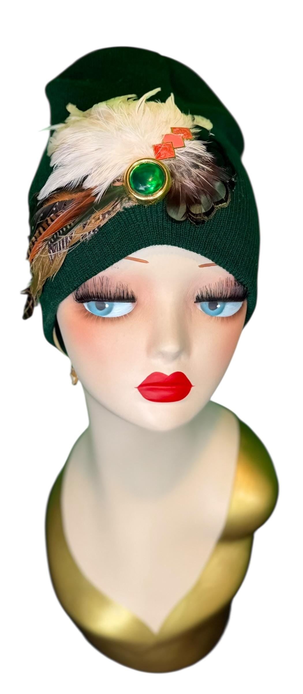 Embellished Vintage Jeweled Fancy Feather Knit Hat, Unique Fashionable Flapper Beanie