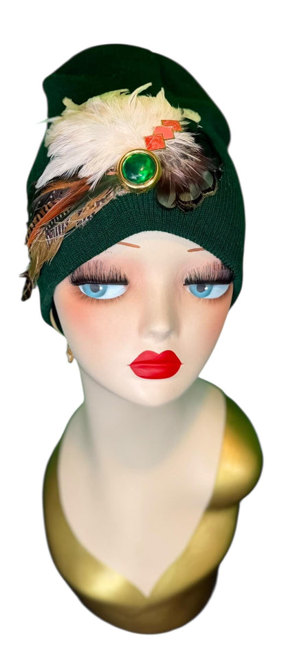 Embellished Vintage Jeweled Fancy Feather Knit Hat, Unique Fashionable Flapper Beanie