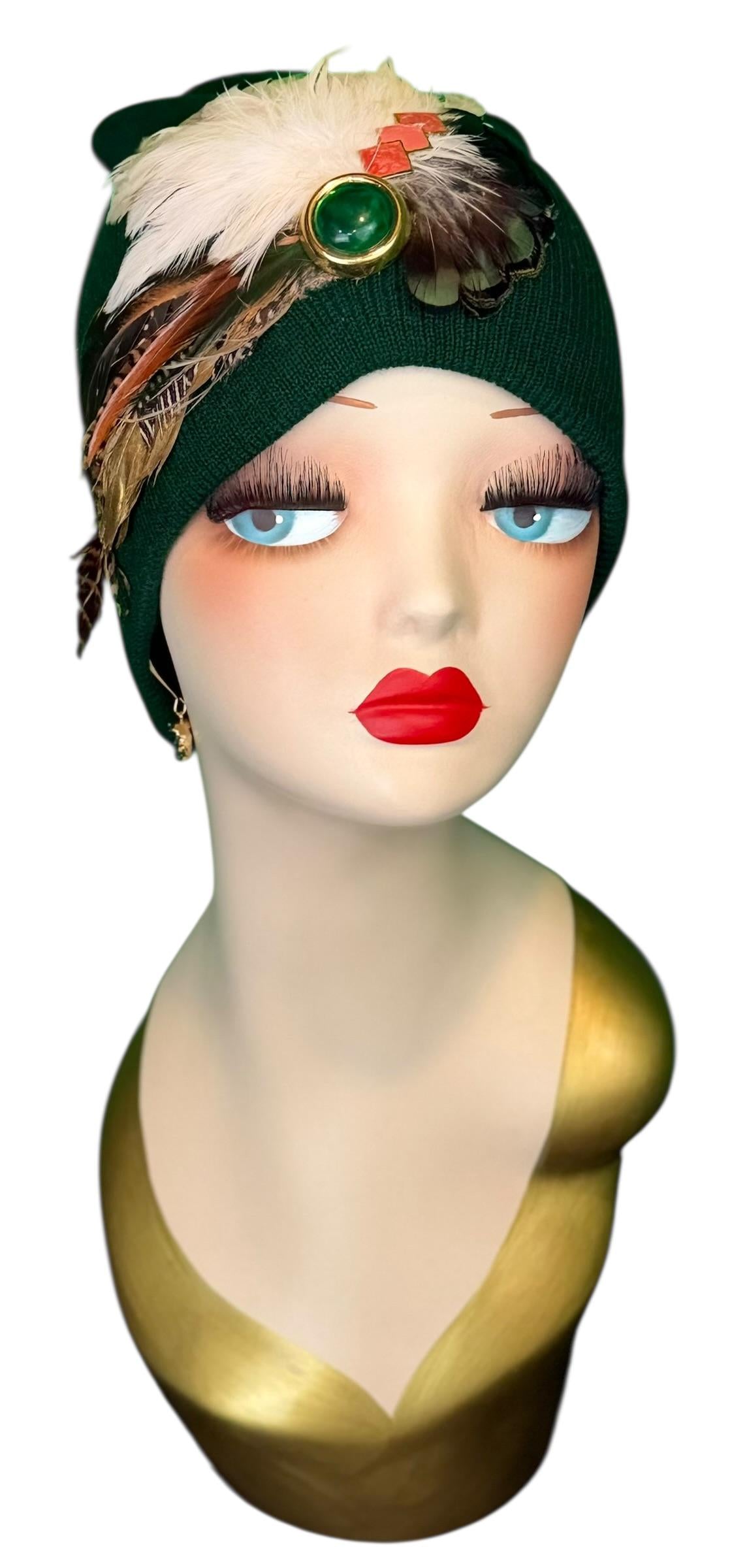 Embellished Vintage Jeweled Fancy Feather Knit Hat, Unique Fashionable Flapper Beanie