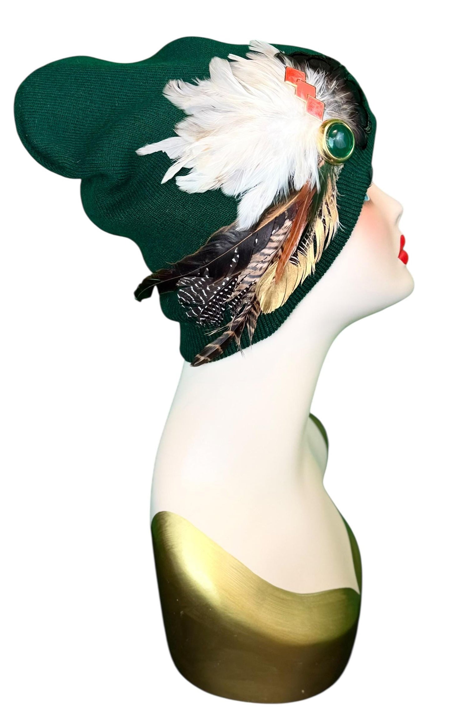 Embellished Vintage Jeweled Fancy Feather Knit Hat, Unique Fashionable Flapper Beanie