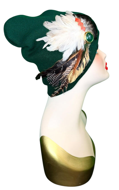 Embellished Vintage Jeweled Fancy Feather Knit Hat, Unique Fashionable Flapper Beanie