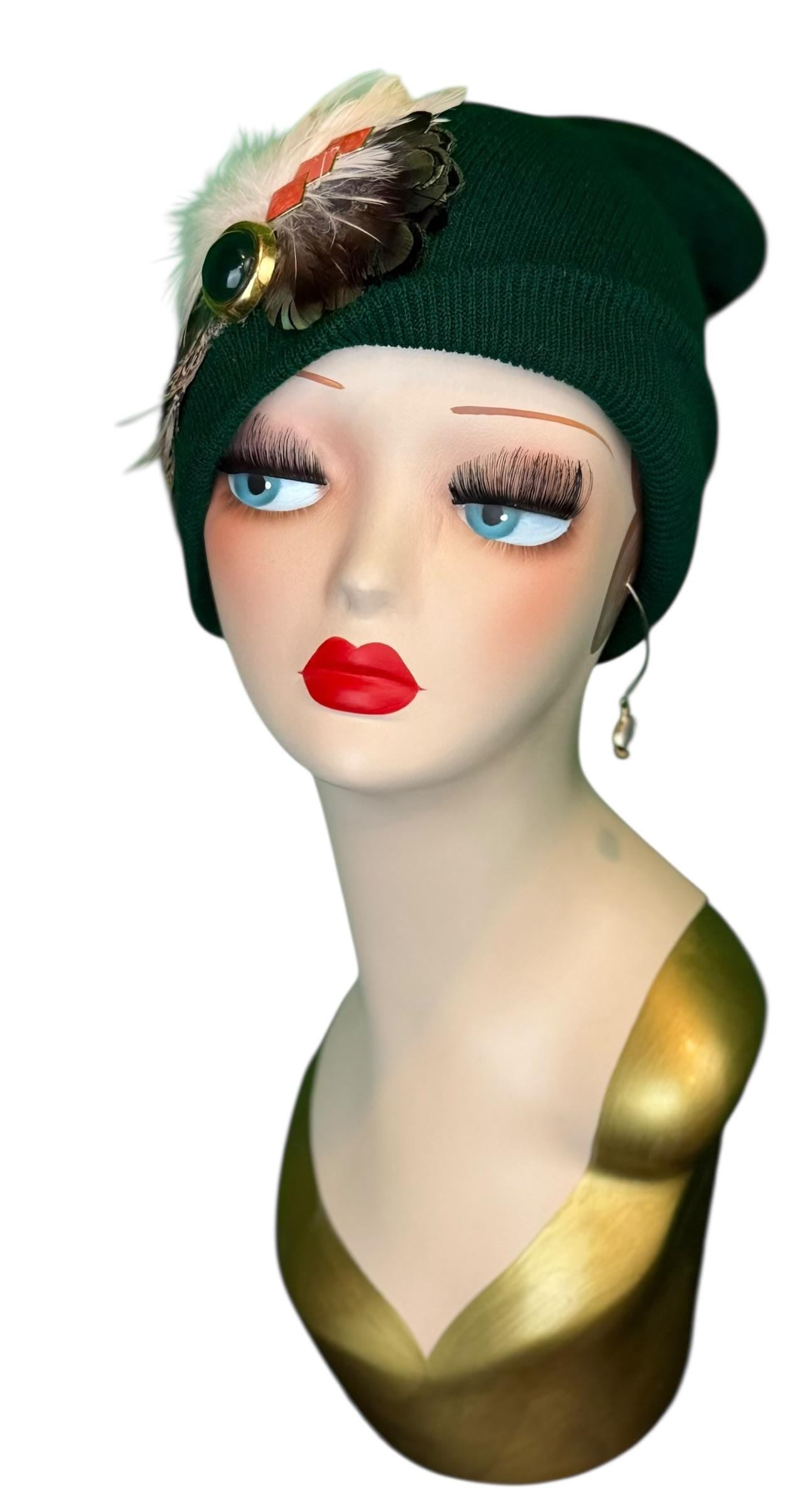 Embellished Vintage Jeweled Fancy Feather Knit Hat, Unique Fashionable Flapper Beanie
