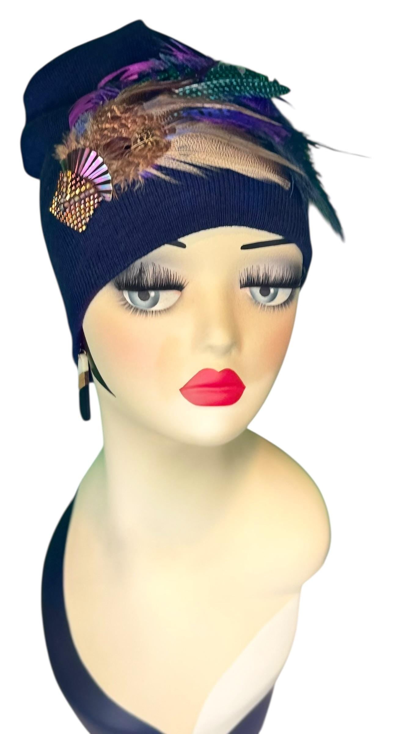 Fancy Feather & Jeweled Knit Hat - Fashionable Statement Flapper Beanie - Luxury Vintage Embellished Hat