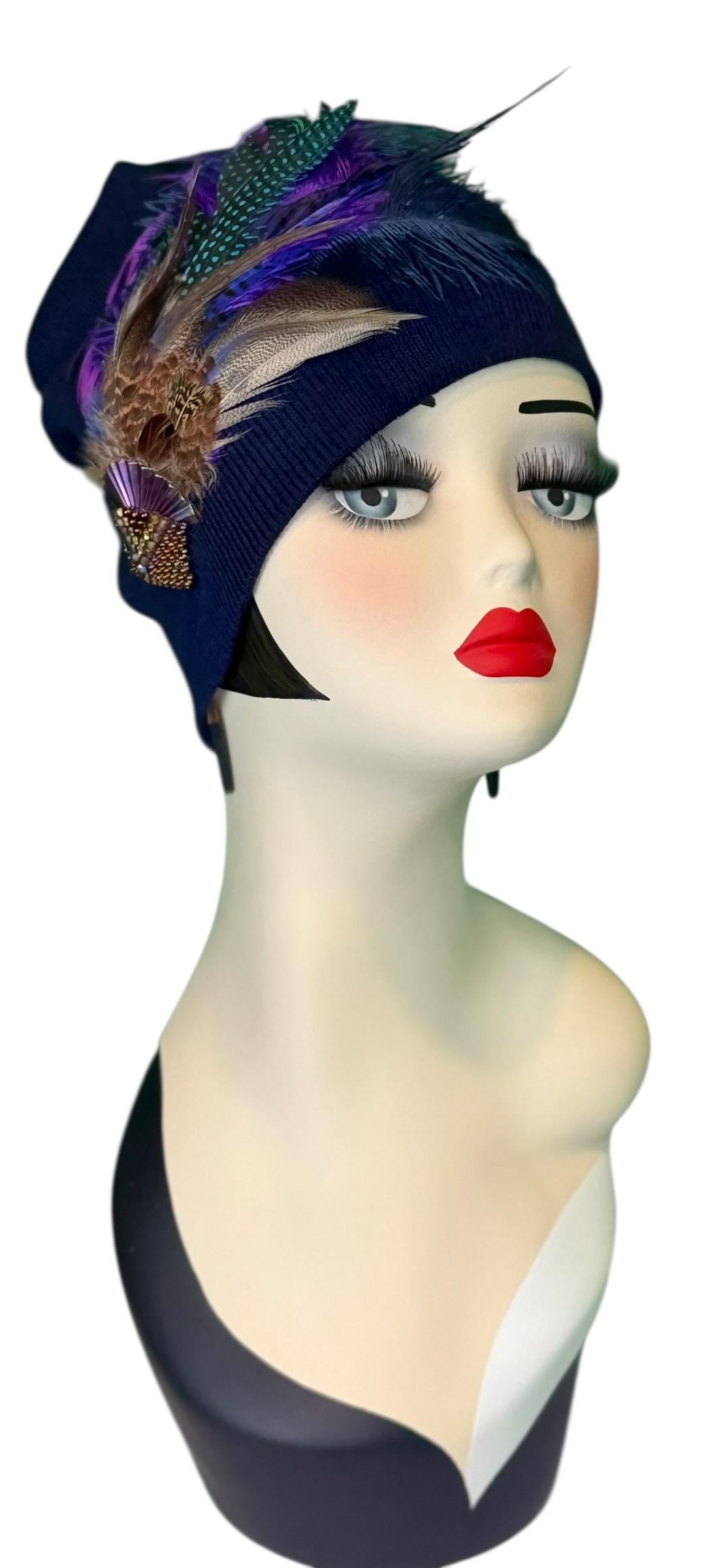 Fancy Feather & Jeweled Knit Hat - Fashionable Statement Flapper Beanie - Luxury Vintage Embellished Hat