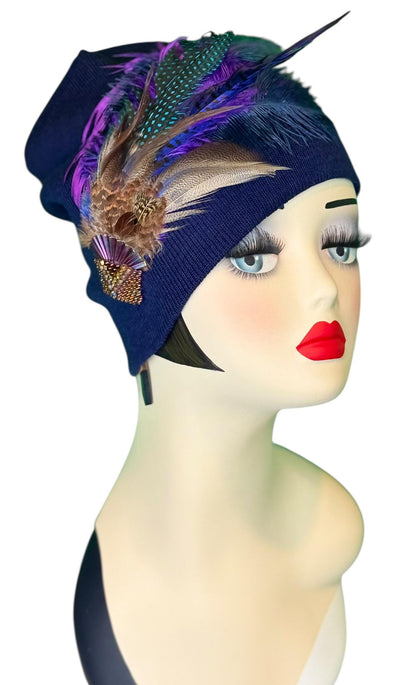 Fancy Feather & Jeweled Knit Hat - Fashionable Statement Flapper Beanie - Luxury Vintage Embellished Hat
