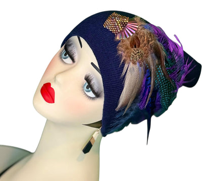 Fancy Feather & Jeweled Knit Hat - Fashionable Statement Flapper Beanie - Luxury Vintage Embellished Hat