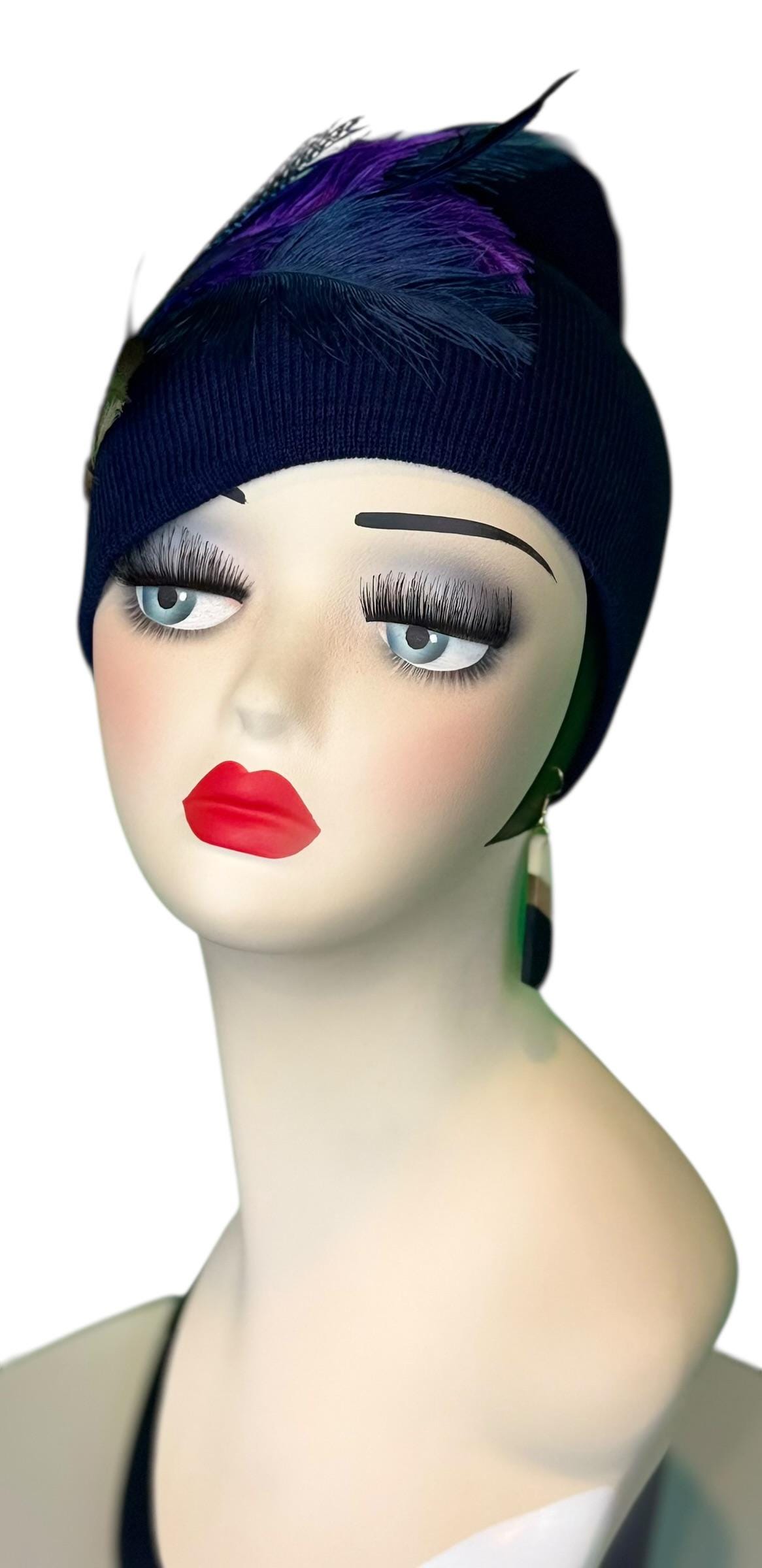 Fancy Feather & Jeweled Knit Hat - Fashionable Statement Flapper Beanie - Luxury Vintage Embellished Hat