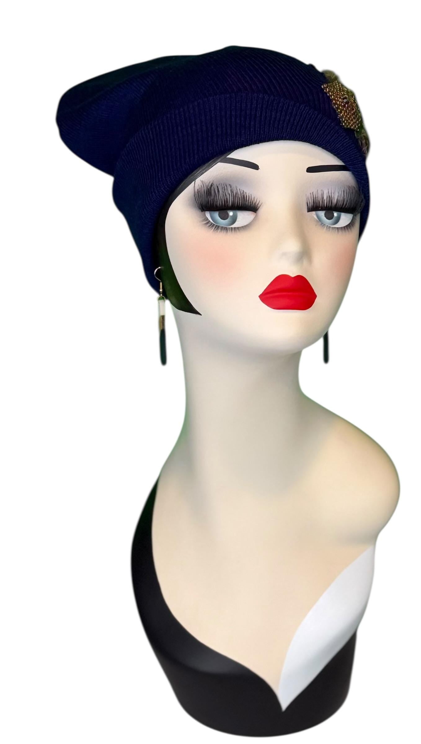 Fancy Feather & Jeweled Knit Hat - Fashionable Statement Flapper Beanie - Luxury Vintage Embellished Hat
