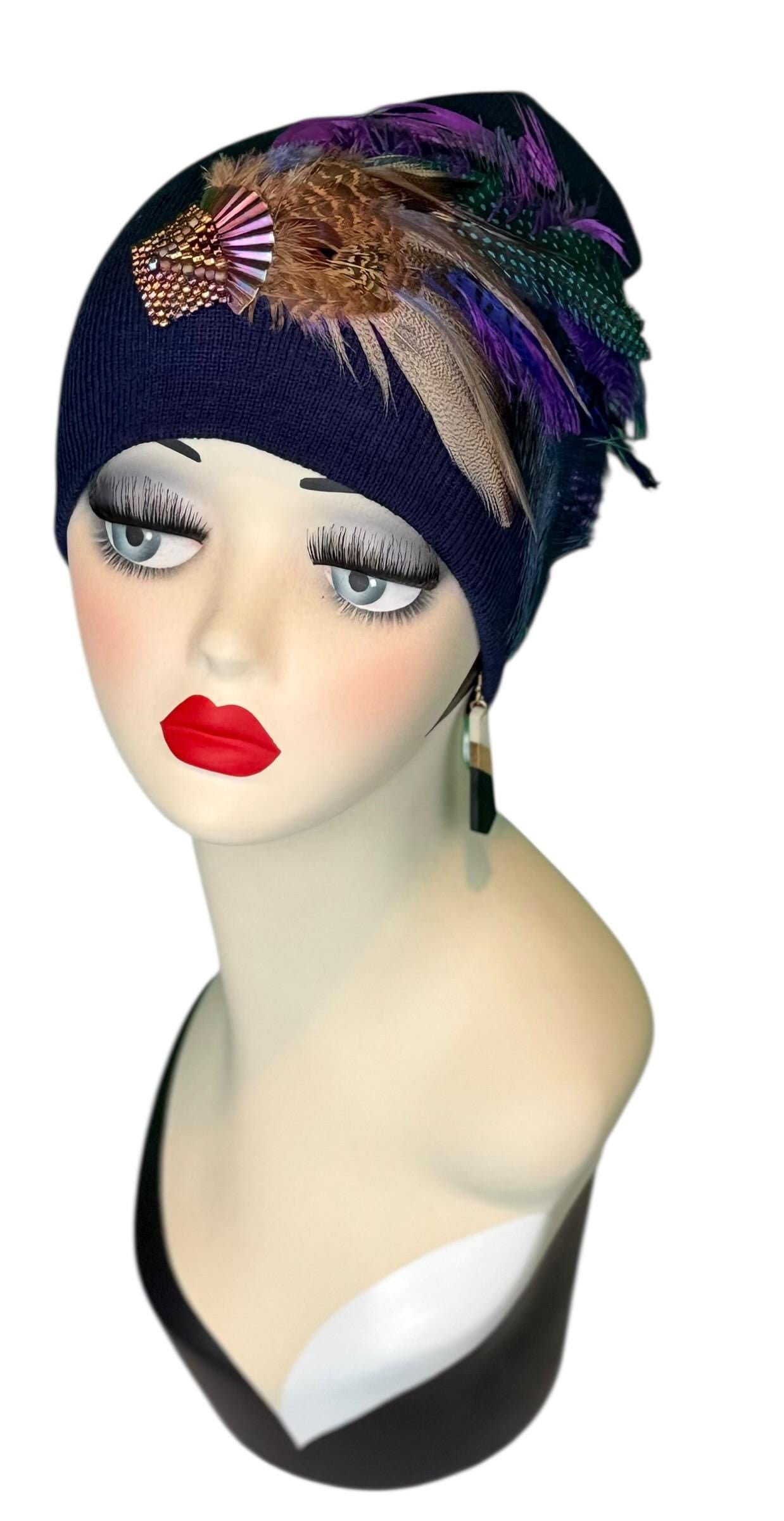 Fancy Feather & Jeweled Knit Hat - Fashionable Statement Flapper Beanie - Luxury Vintage Embellished Hat