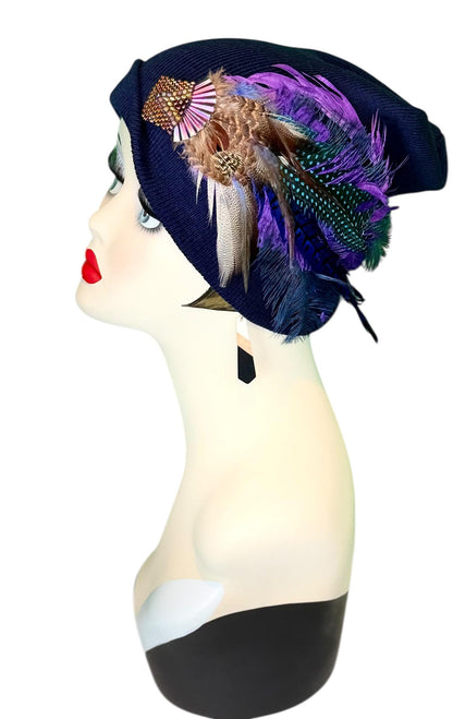 Fancy Feather & Jeweled Knit Hat - Fashionable Statement Flapper Beanie - Luxury Vintage Embellished Hat
