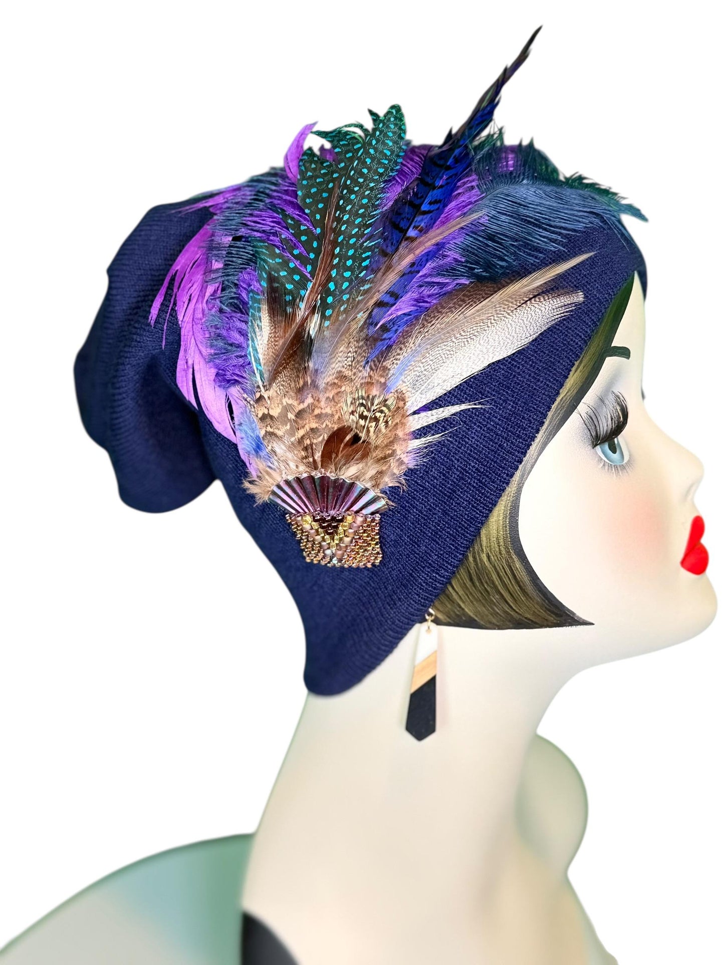 Fancy Feather & Jeweled Knit Hat - Fashionable Statement Flapper Beanie - Luxury Vintage Embellished Hat