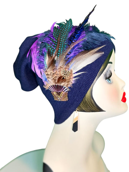 Fancy Feather & Jeweled Knit Hat - Fashionable Statement Flapper Beanie - Luxury Vintage Embellished Hat