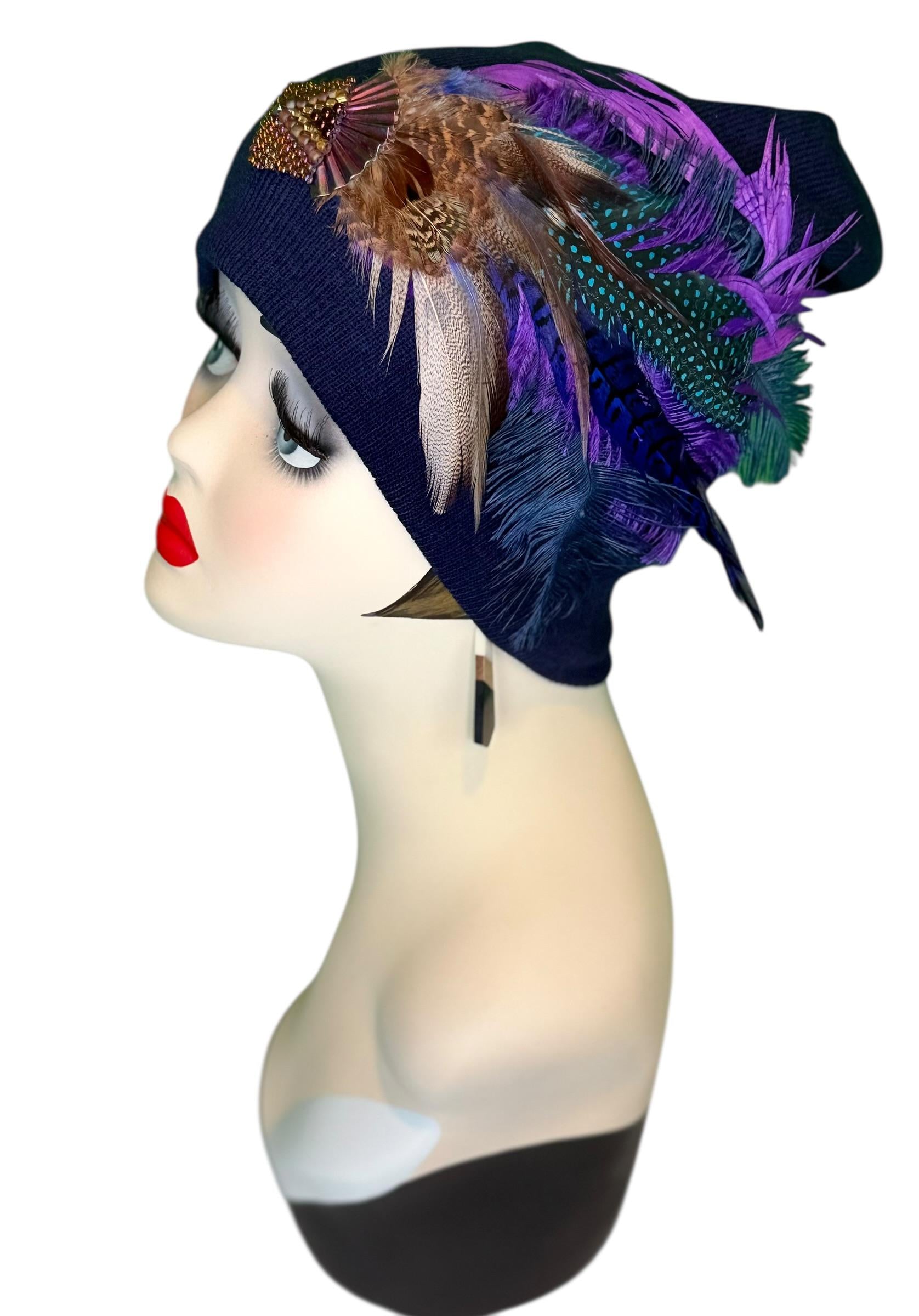 Fancy Feather & Jeweled Knit Hat - Fashionable Statement Flapper Beanie - Luxury Vintage Embellished Hat