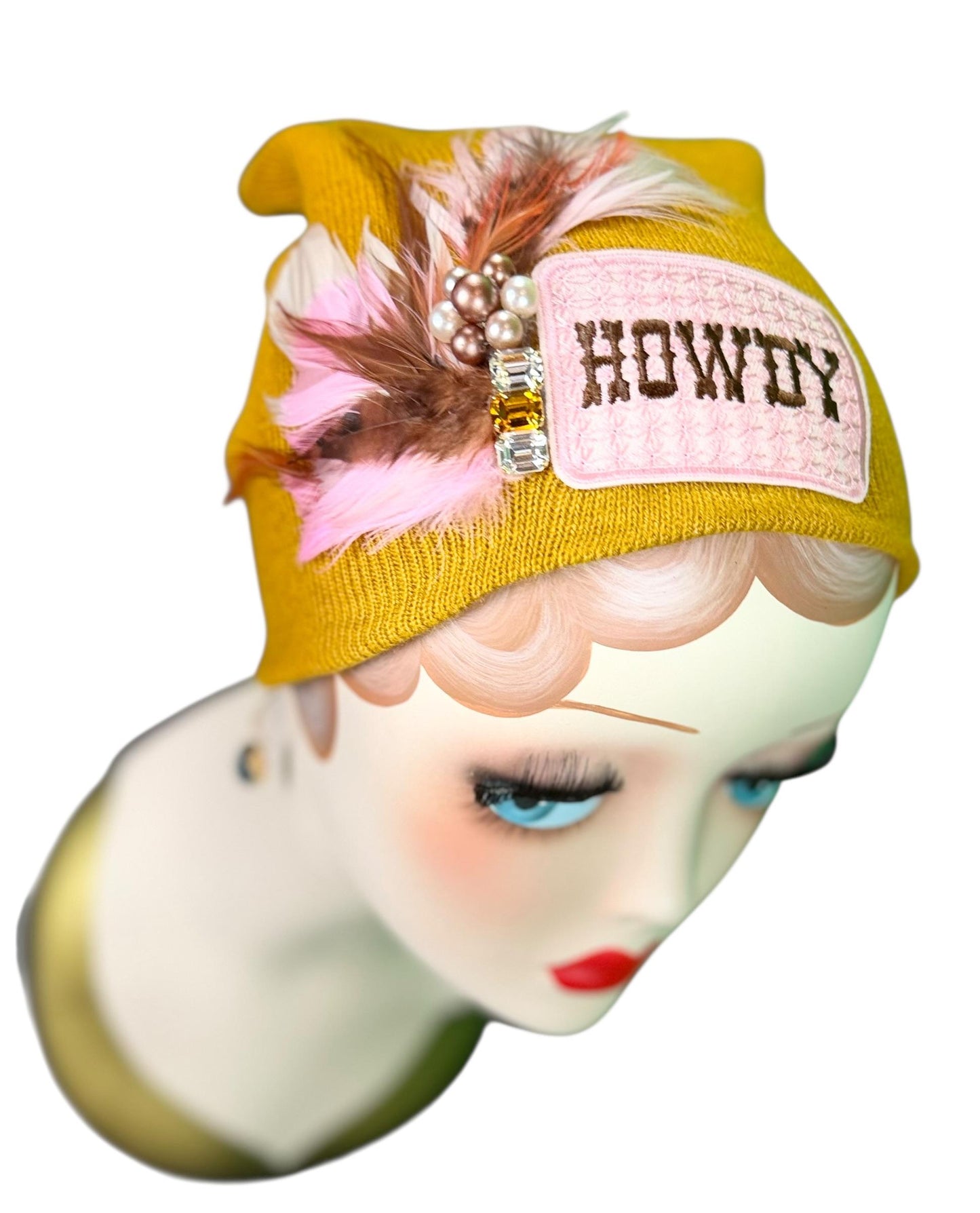 Cowboy Style Statement “HOWDY” Patchwork Feathered & Vintage Jeweled Designer Winter Hat
