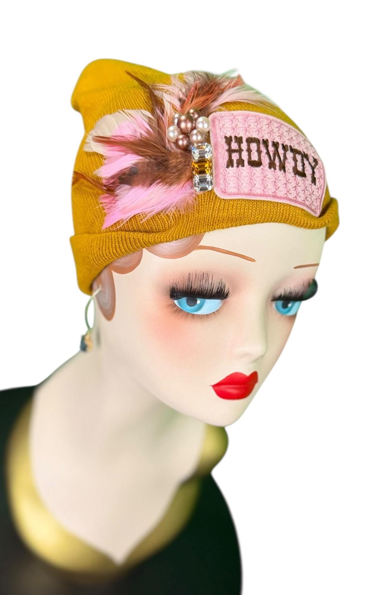 Cowboy Style Statement “HOWDY” Patchwork Feathered & Vintage Jeweled Designer Winter Hat