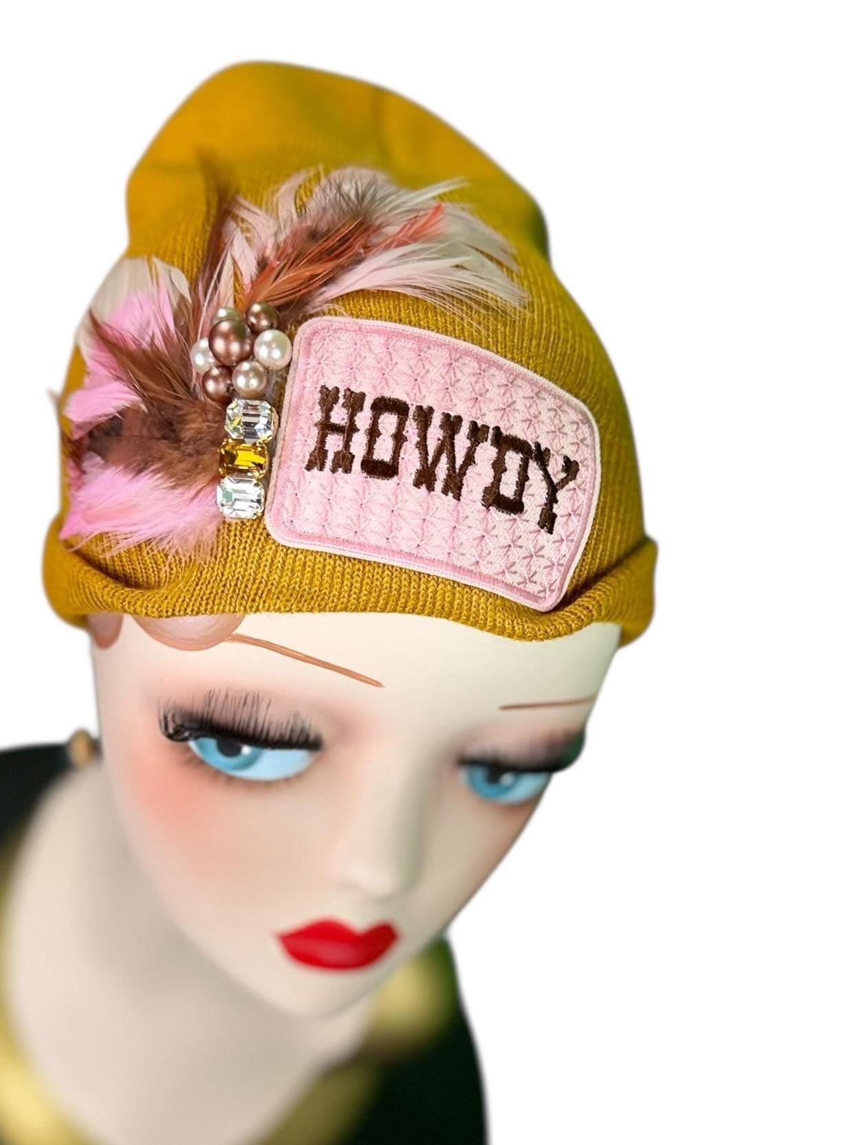 Cowboy Style Statement “HOWDY” Patchwork Feathered & Vintage Jeweled Designer Winter Hat