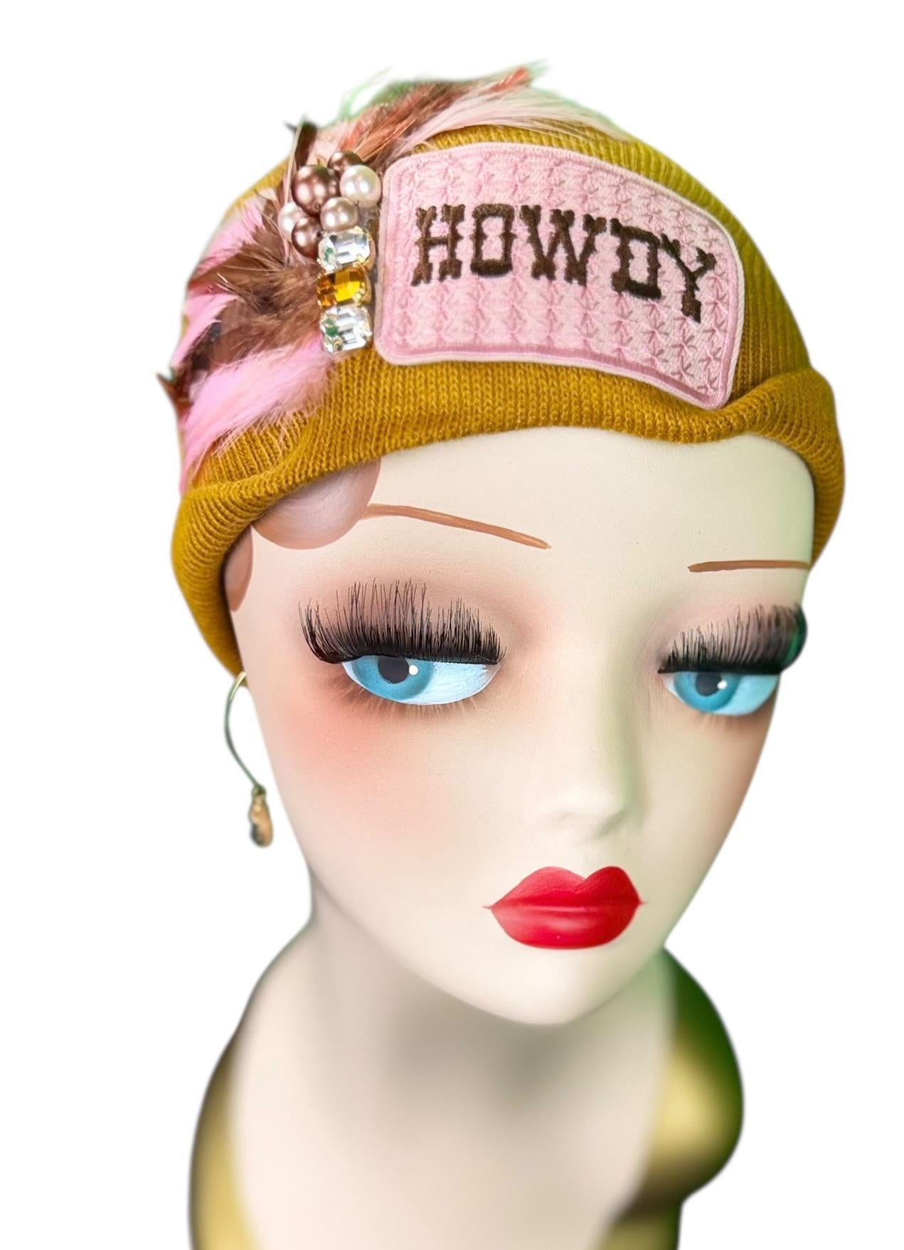 Cowboy Style Statement “HOWDY” Patchwork Feathered & Vintage Jeweled Designer Winter Hat