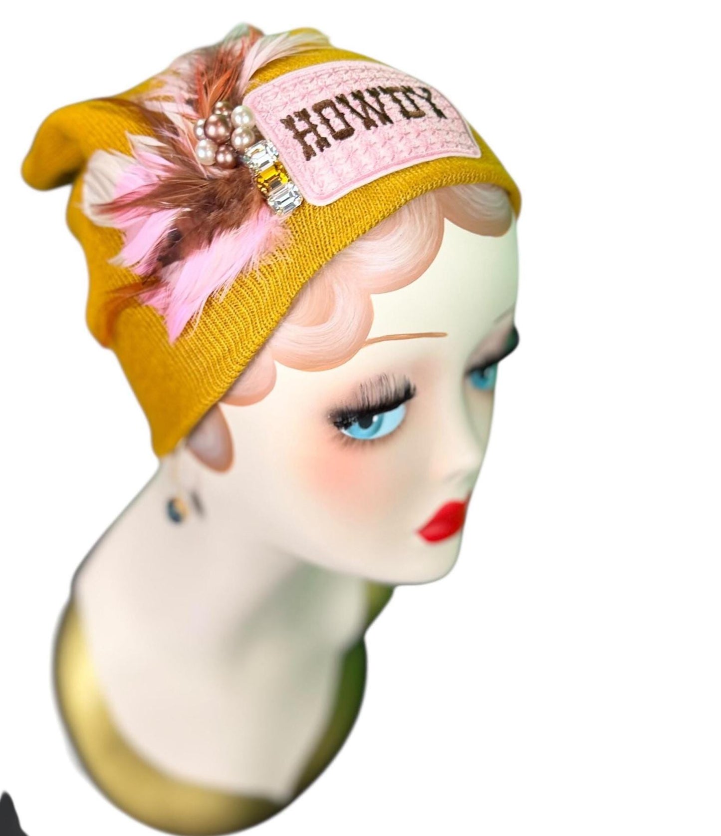 Cowboy Style Statement “HOWDY” Patchwork Feathered & Vintage Jeweled Designer Winter Hat