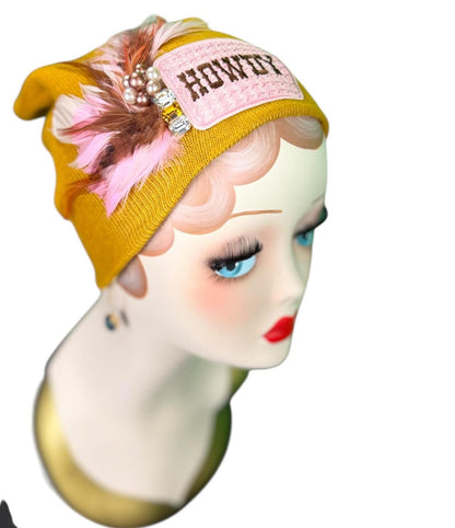 Cowboy Style Statement “HOWDY” Patchwork Feathered & Vintage Jeweled Designer Winter Hat