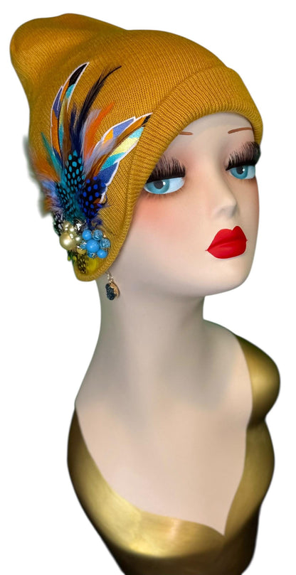 Golden Sunset Statement Patchwork Flapper - Designer Trimmed Feather - Vintage Jeweled Embellished All Season Wear