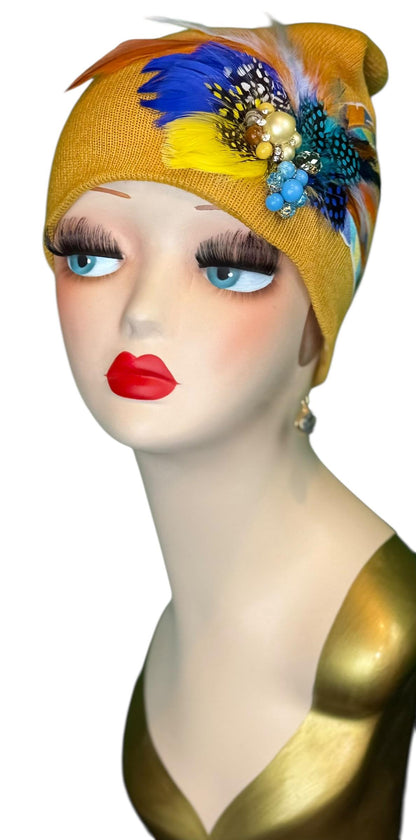 Golden Sunset Statement Patchwork Flapper - Designer Trimmed Feather - Vintage Jeweled Embellished All Season Wear