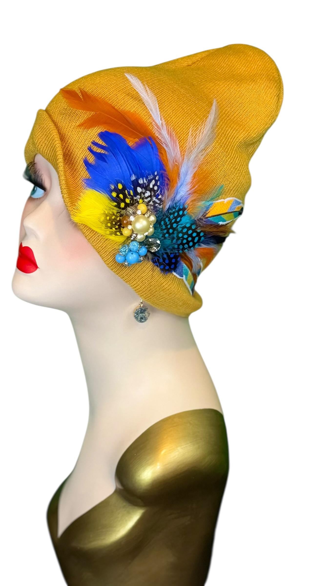 Golden Sunset Statement Patchwork Flapper - Designer Trimmed Feather - Vintage Jeweled Embellished All Season Wear