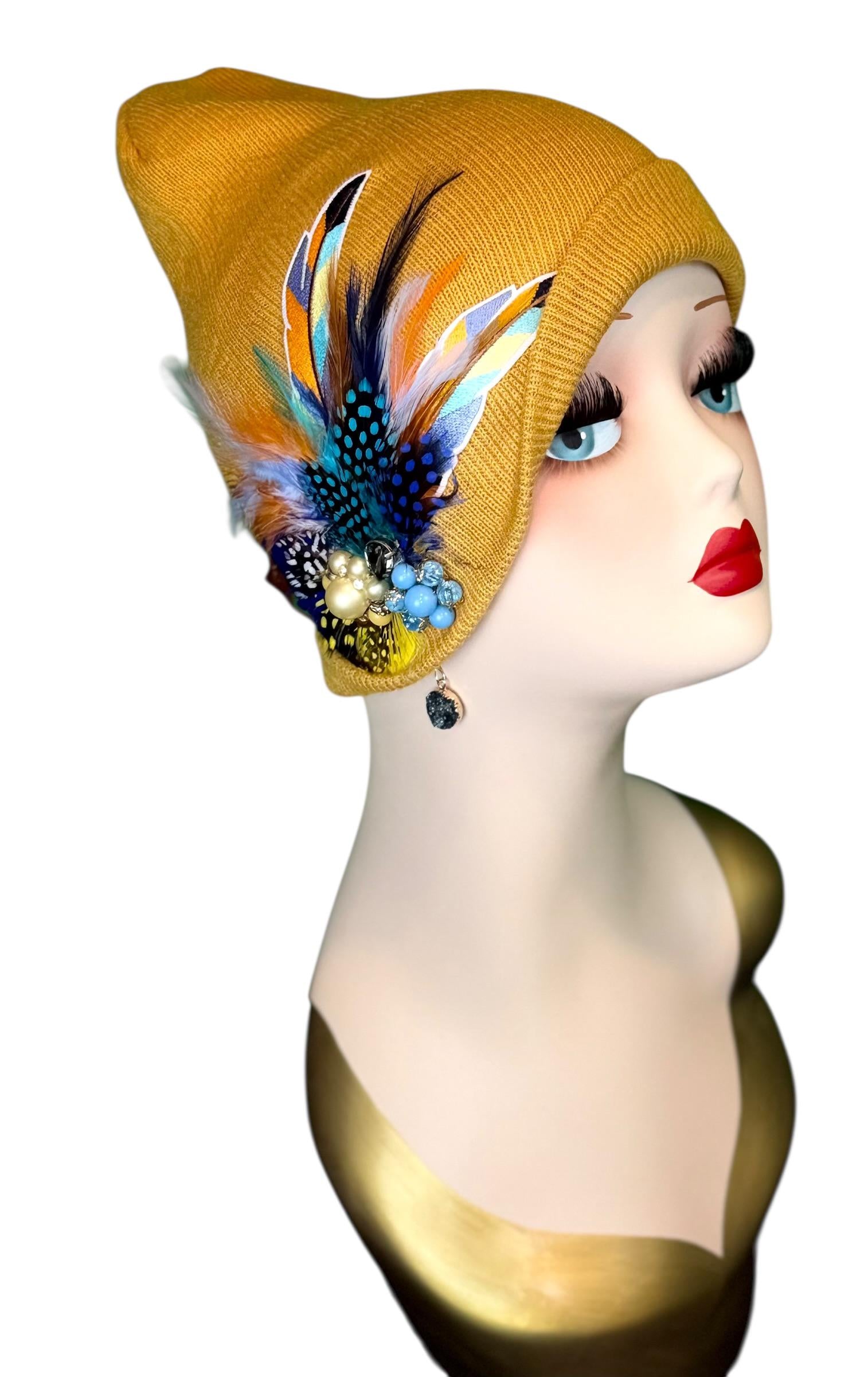 Golden Sunset Statement Patchwork Flapper - Designer Trimmed Feather - Vintage Jeweled Embellished All Season Wear