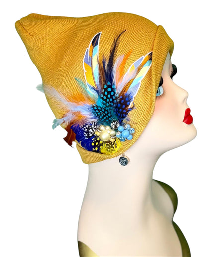 Golden Sunset Statement Patchwork Flapper - Designer Trimmed Feather - Vintage Jeweled Embellished All Season Wear