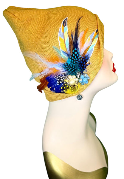 Golden Sunset Statement Patchwork Flapper - Designer Trimmed Feather - Vintage Jeweled Embellished All Season Wear