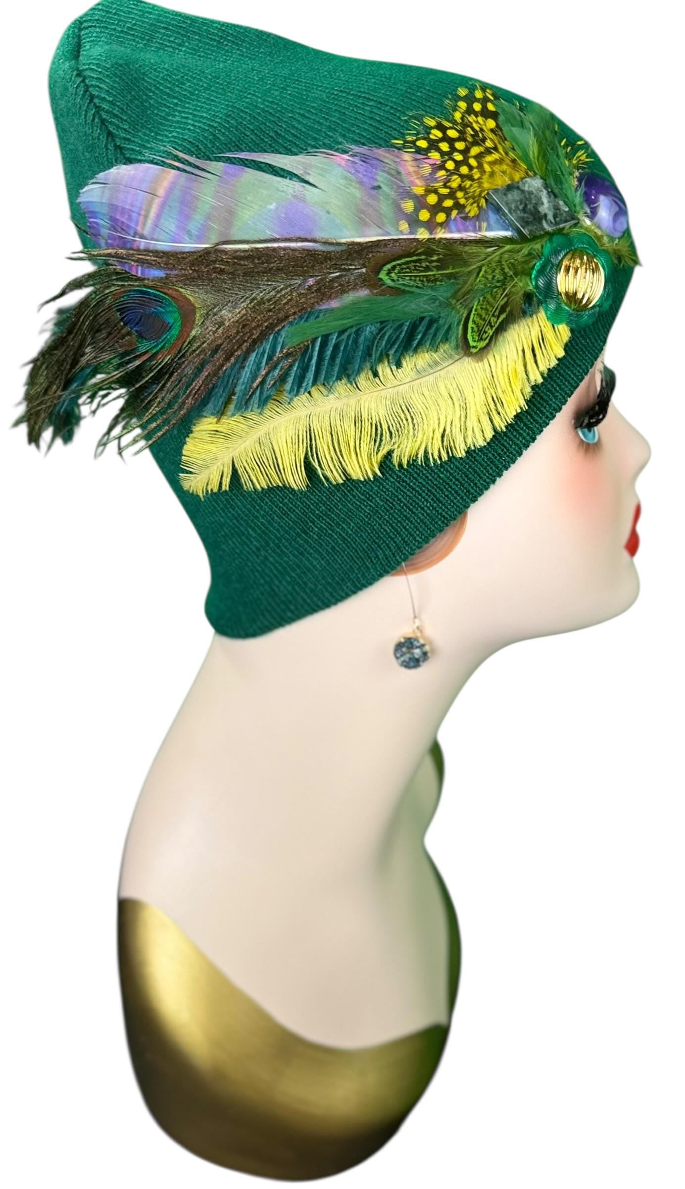 Fancy Flapper Style Vintage Jeweled Slouchy Knit Hat with Feather Accents