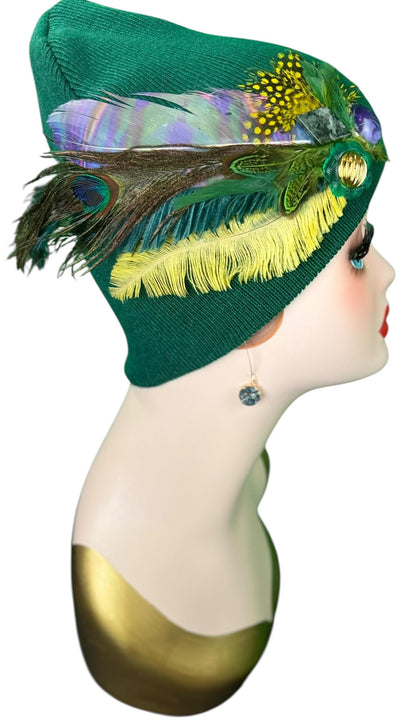 Fancy Flapper Style Vintage Jeweled Slouchy Knit Hat with Feather Accents