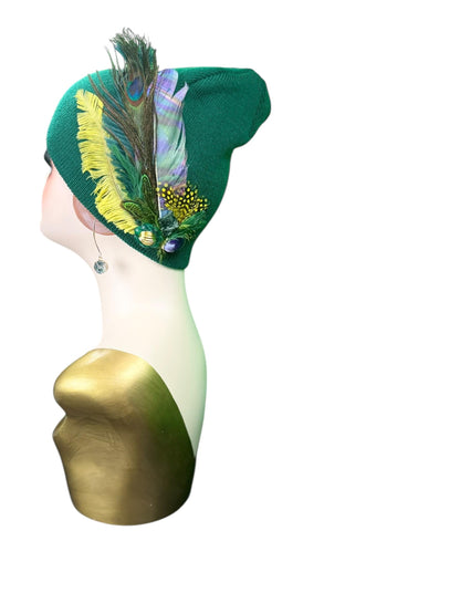 Fancy Flapper Style Vintage Jeweled Slouchy Knit Hat with Feather Accents