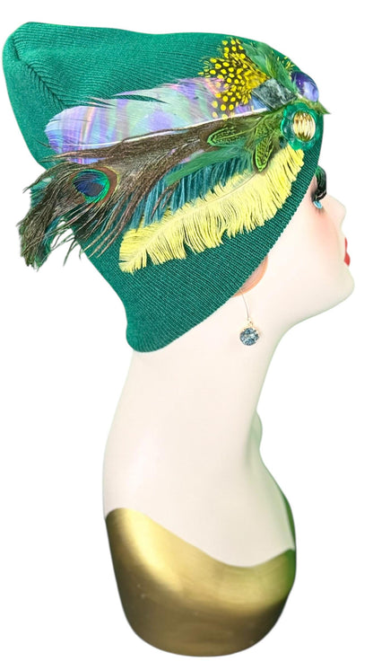Fancy Flapper Style Vintage Jeweled Slouchy Knit Hat with Feather Accents