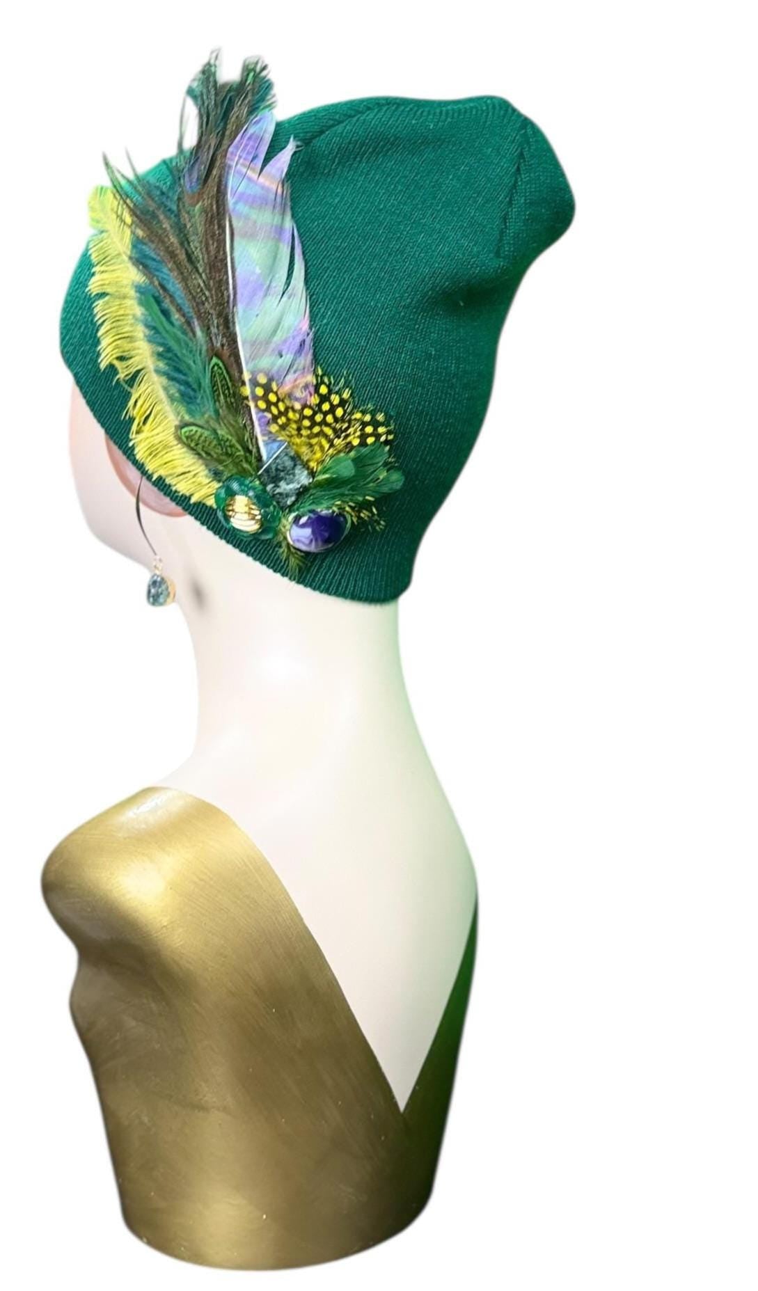 Fancy Flapper Style Vintage Jeweled Slouchy Knit Hat with Feather Accents