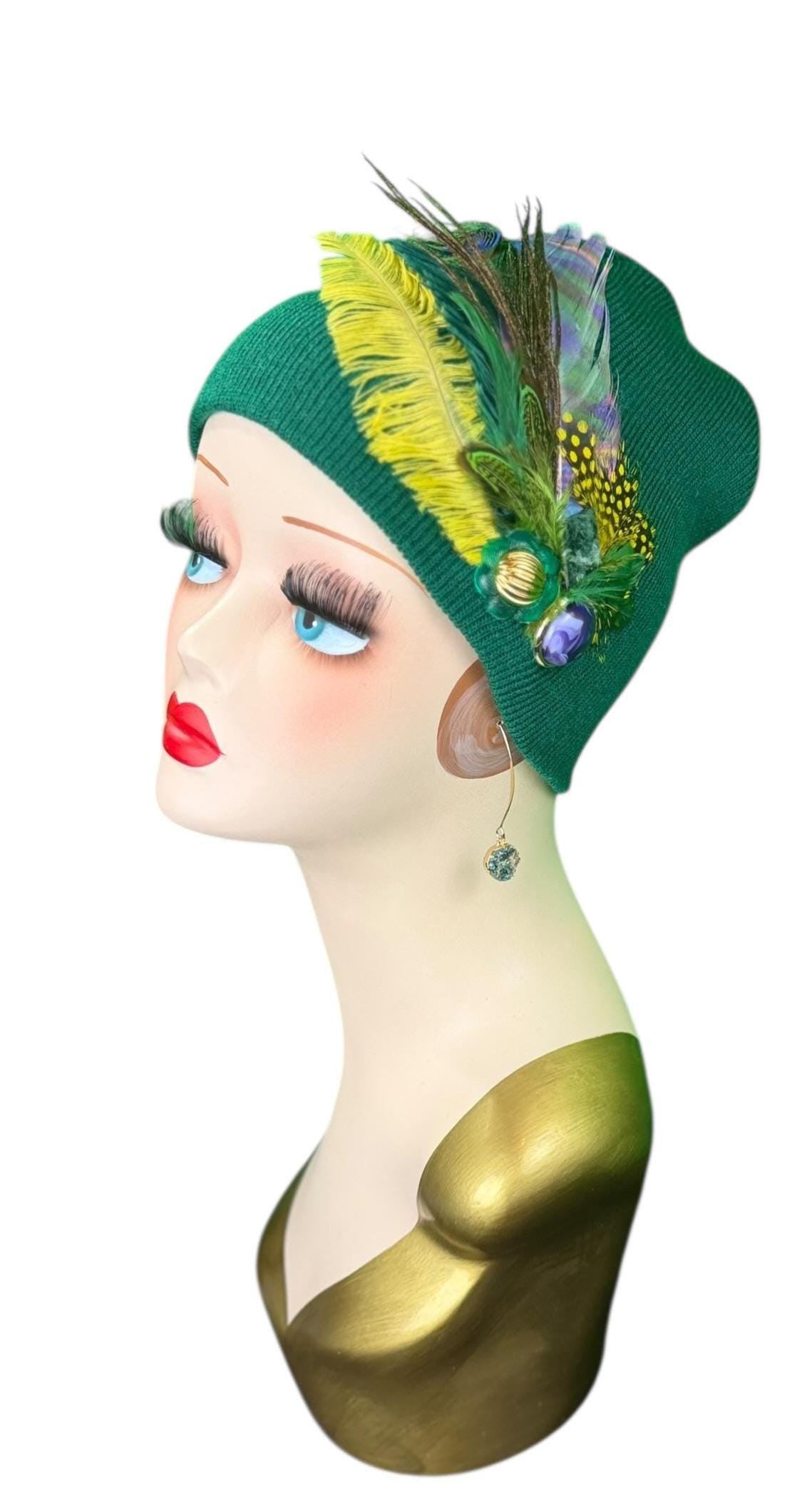 Fancy Flapper Style Vintage Jeweled Slouchy Knit Hat with Feather Accents