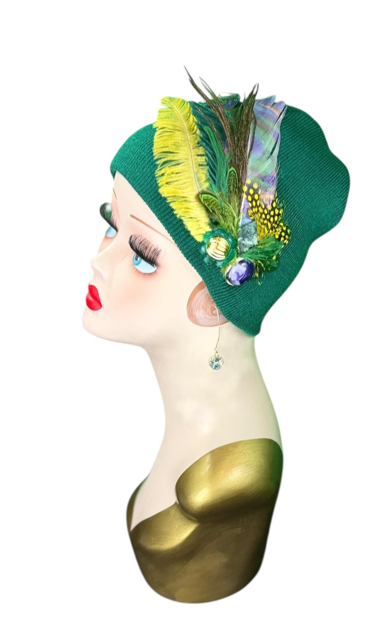 Fancy Flapper Style Vintage Jeweled Slouchy Knit Hat with Feather Accents
