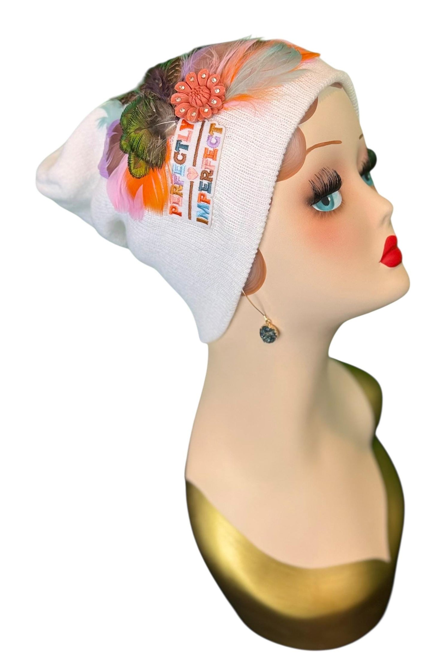 Perfectly Imperfect Patchwork - Feather Trimmed & Jeweled - All Season’s Beanie