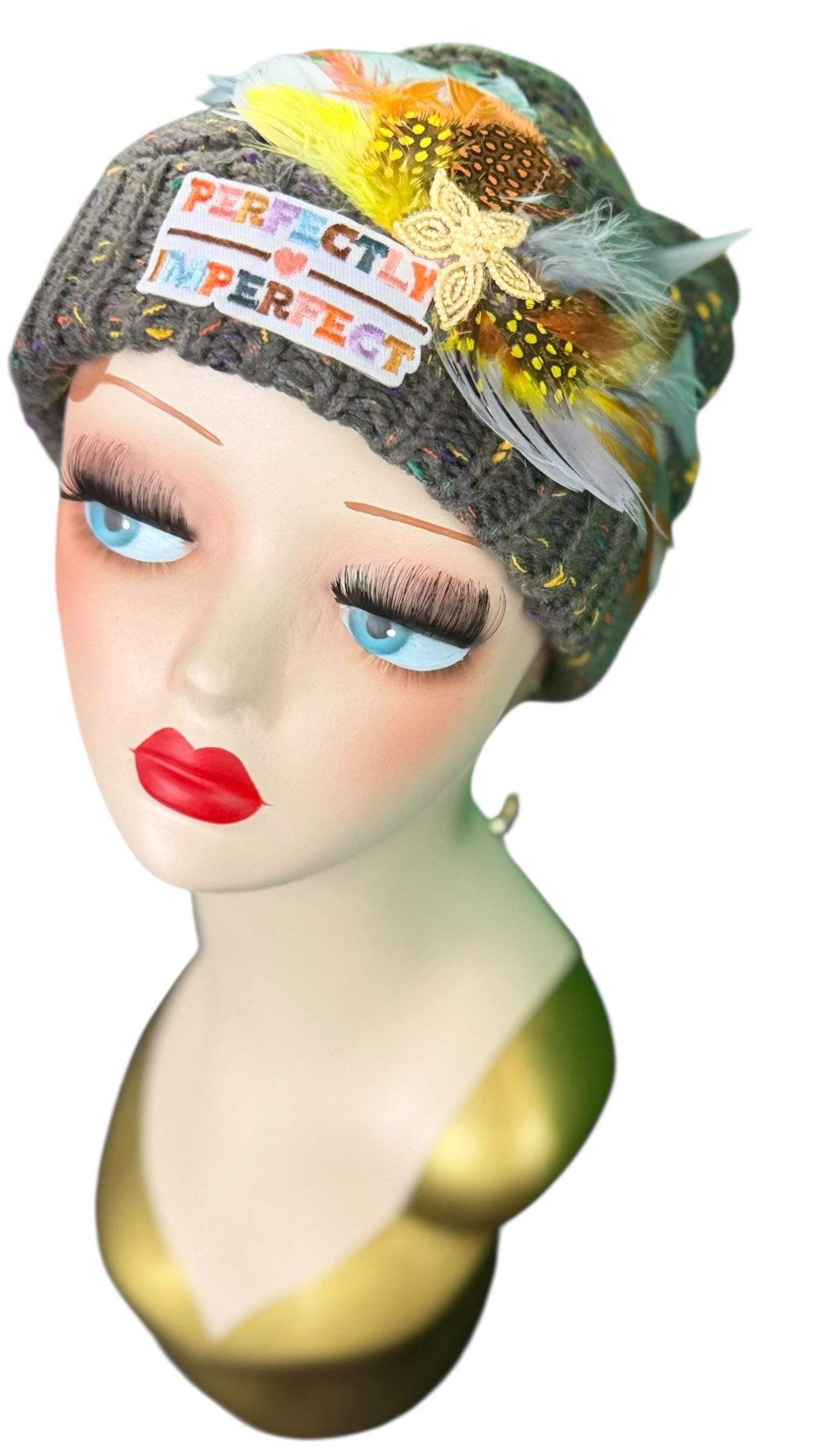 Perfectly Imperfect Patchwork - Feather Trimmed & Jeweled - All Season’s Beanie