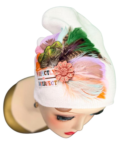 Perfectly Imperfect Patchwork - Feather Trimmed & Jeweled - All Season’s Beanie