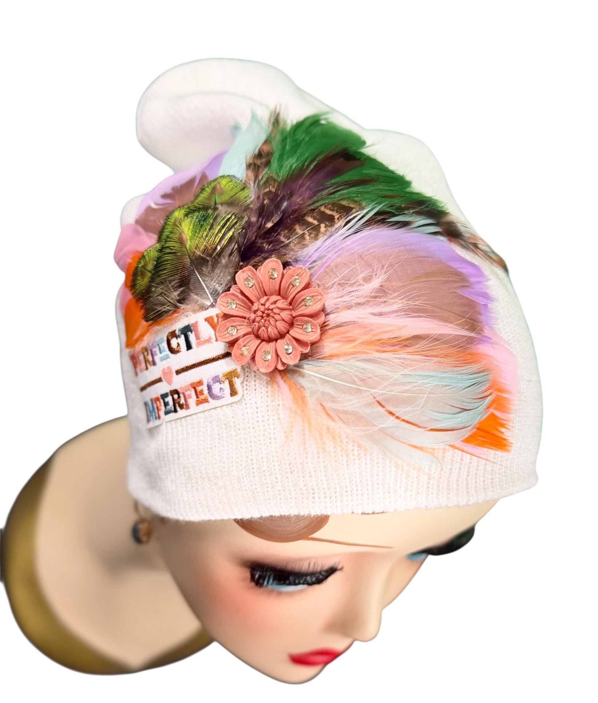 Perfectly Imperfect Patchwork - Feather Trimmed & Jeweled - All Season’s Beanie