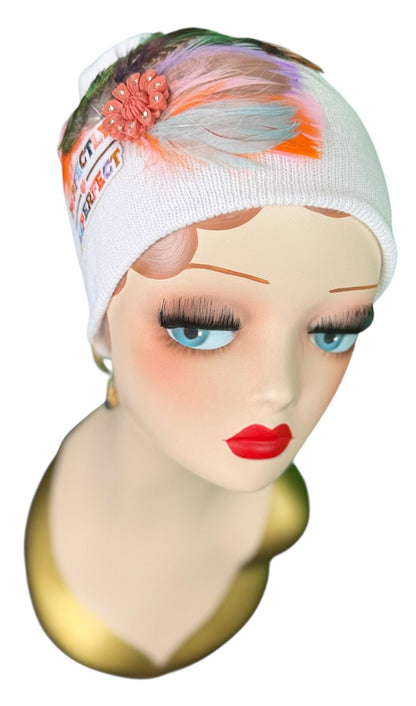 Perfectly Imperfect Patchwork - Feather Trimmed & Jeweled - All Season’s Beanie