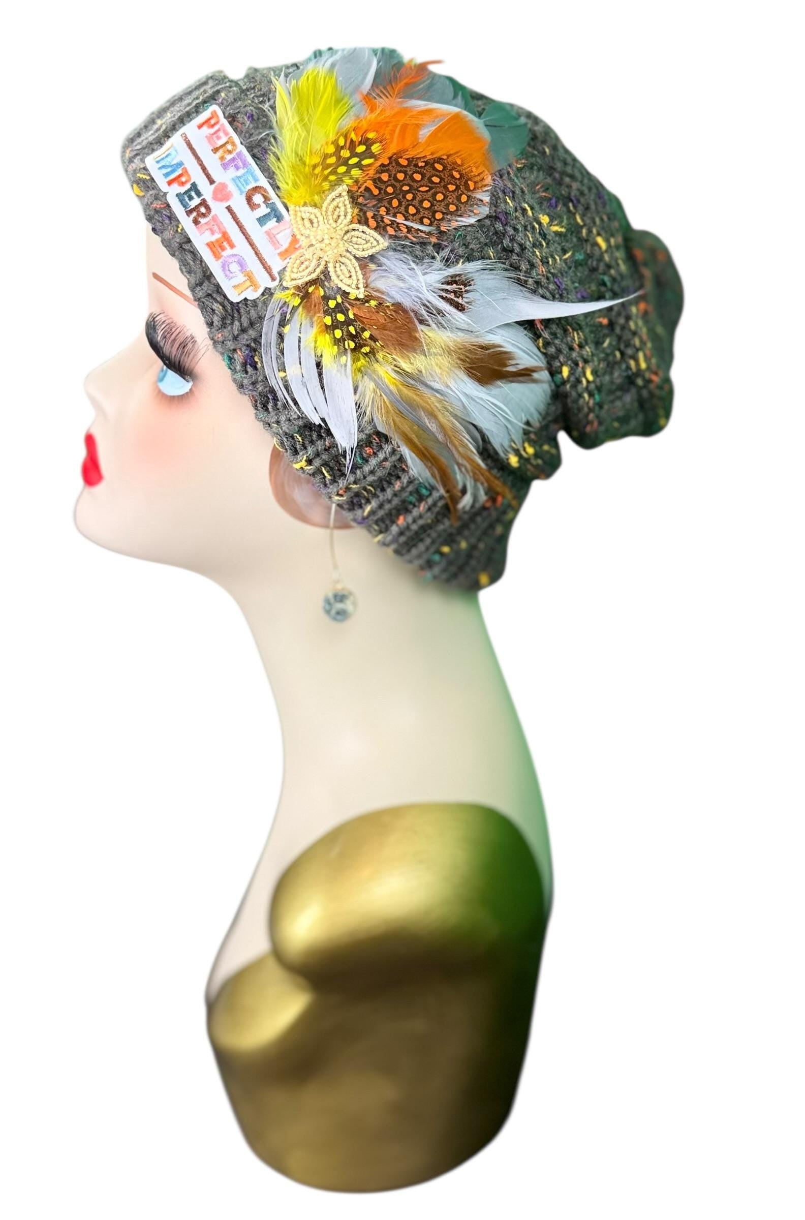 Perfectly Imperfect Patchwork - Feather Trimmed & Jeweled - All Season’s Beanie